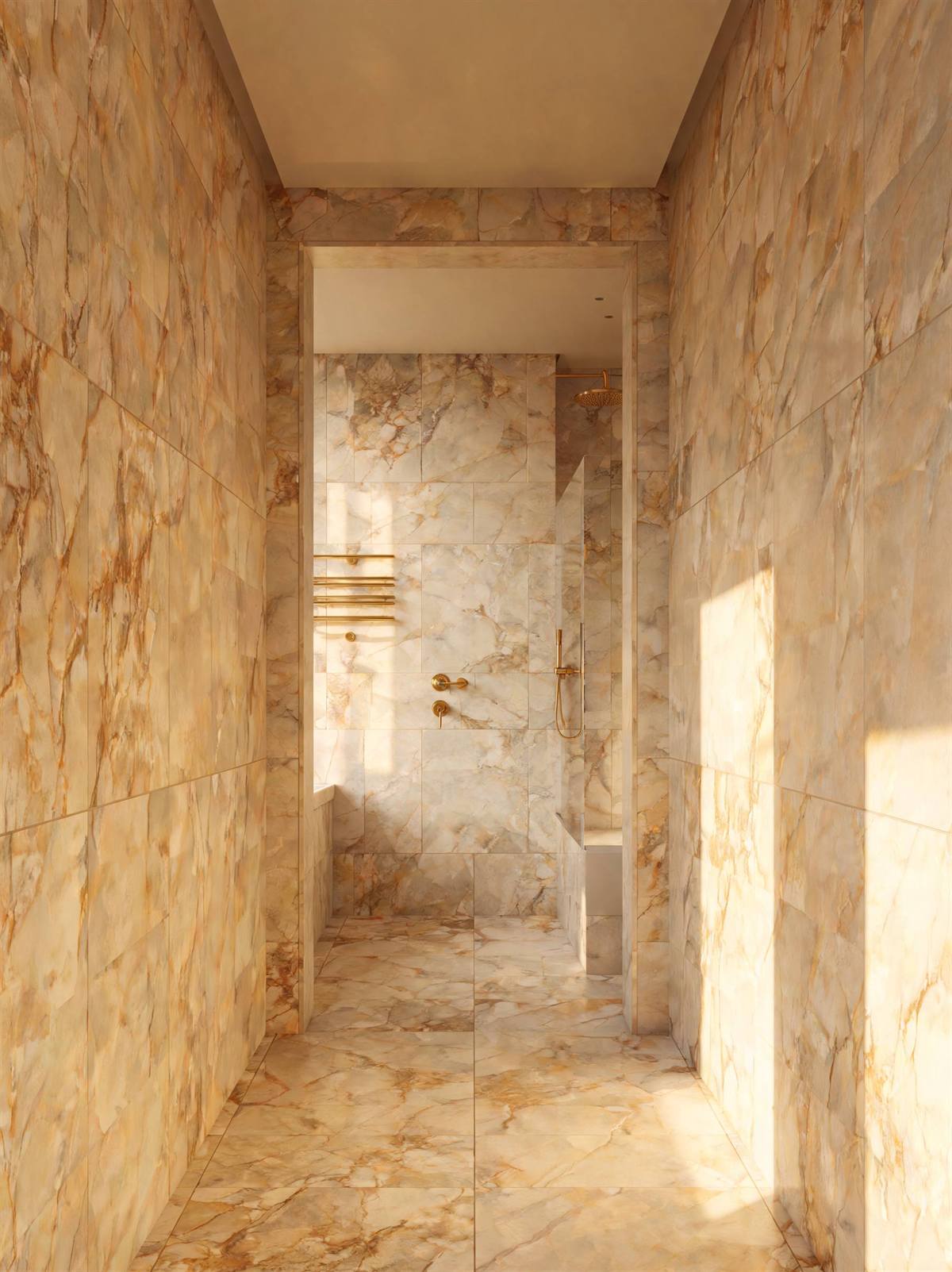 Illustration : salle de bain en grands carreaux aspect marbre