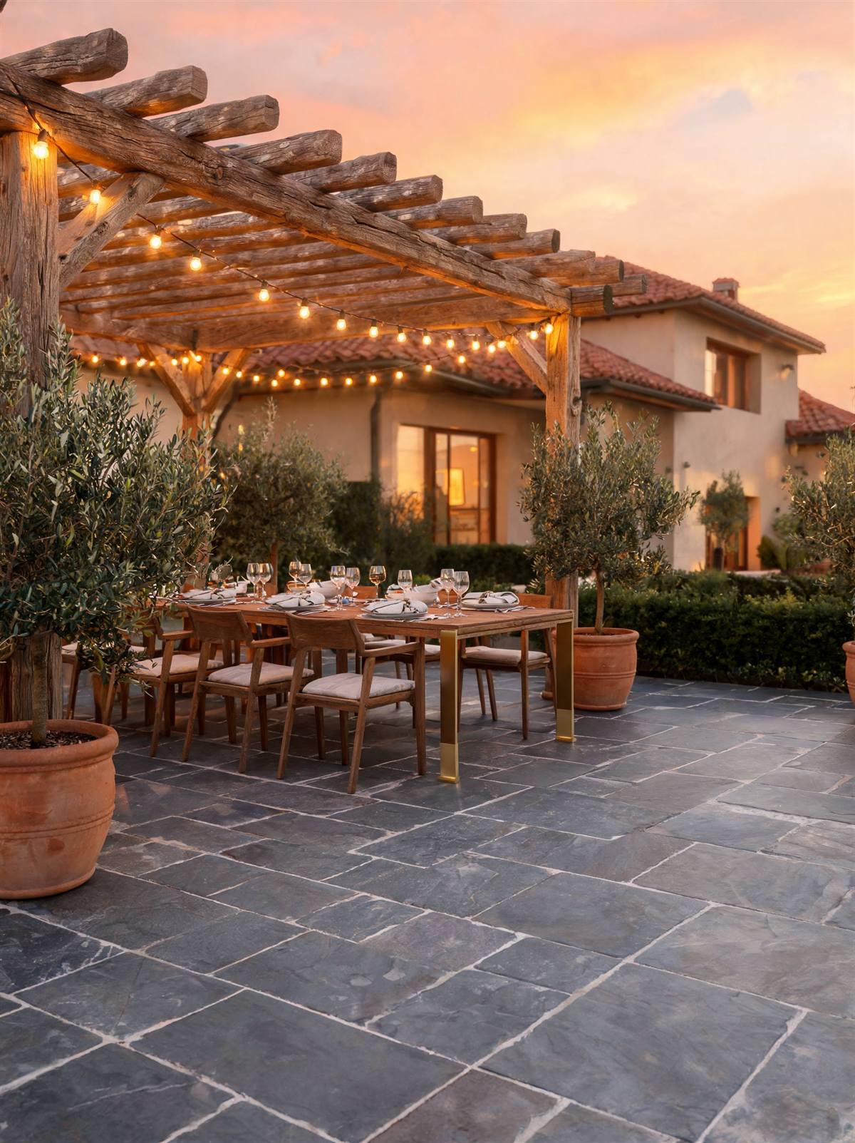 Visuel d'ambiance : terrasse en dalles d'ardoise sous une pergola