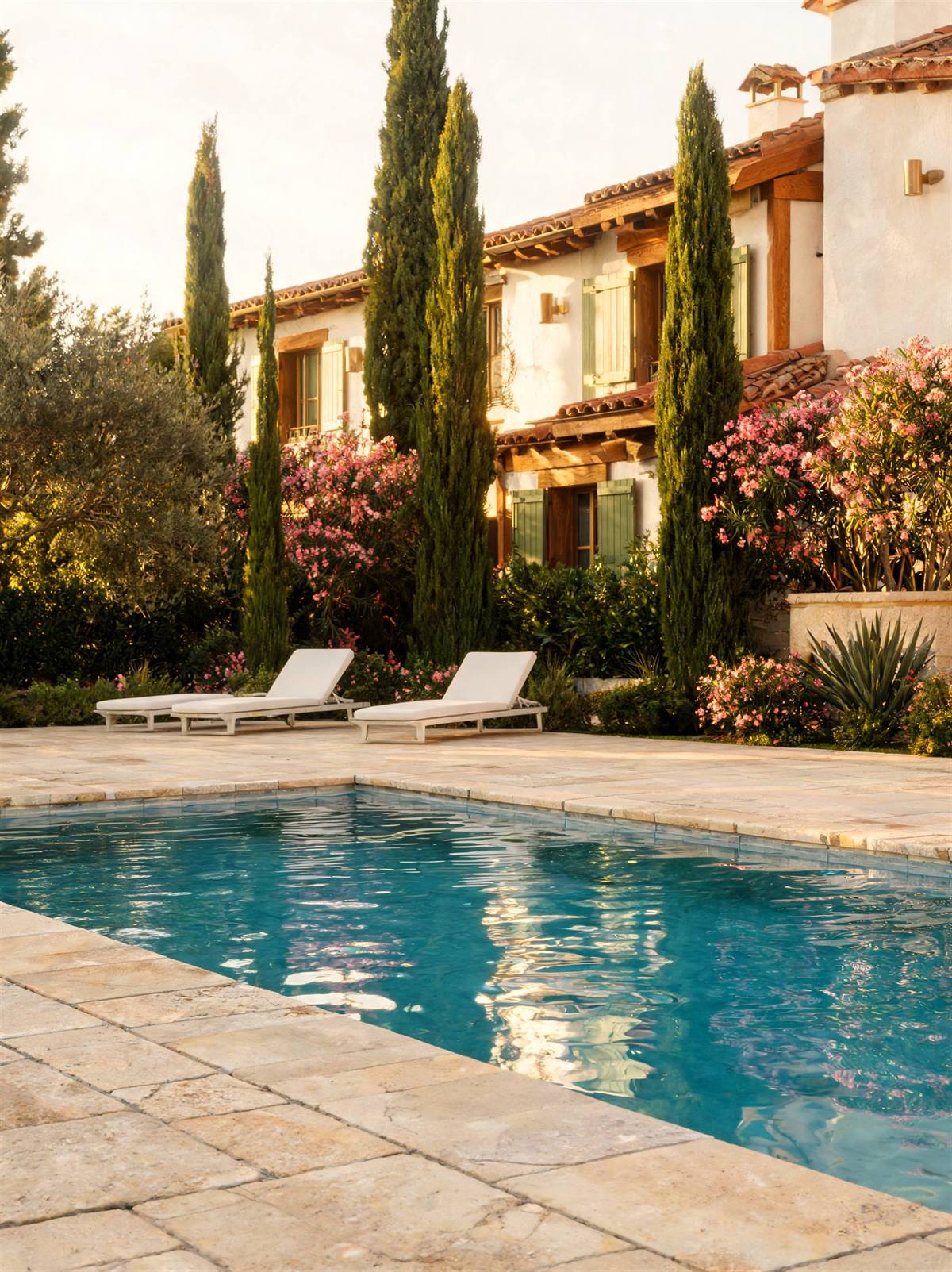 Visuel d'ambiance : plage de piscine en travertin devant une maison provençale