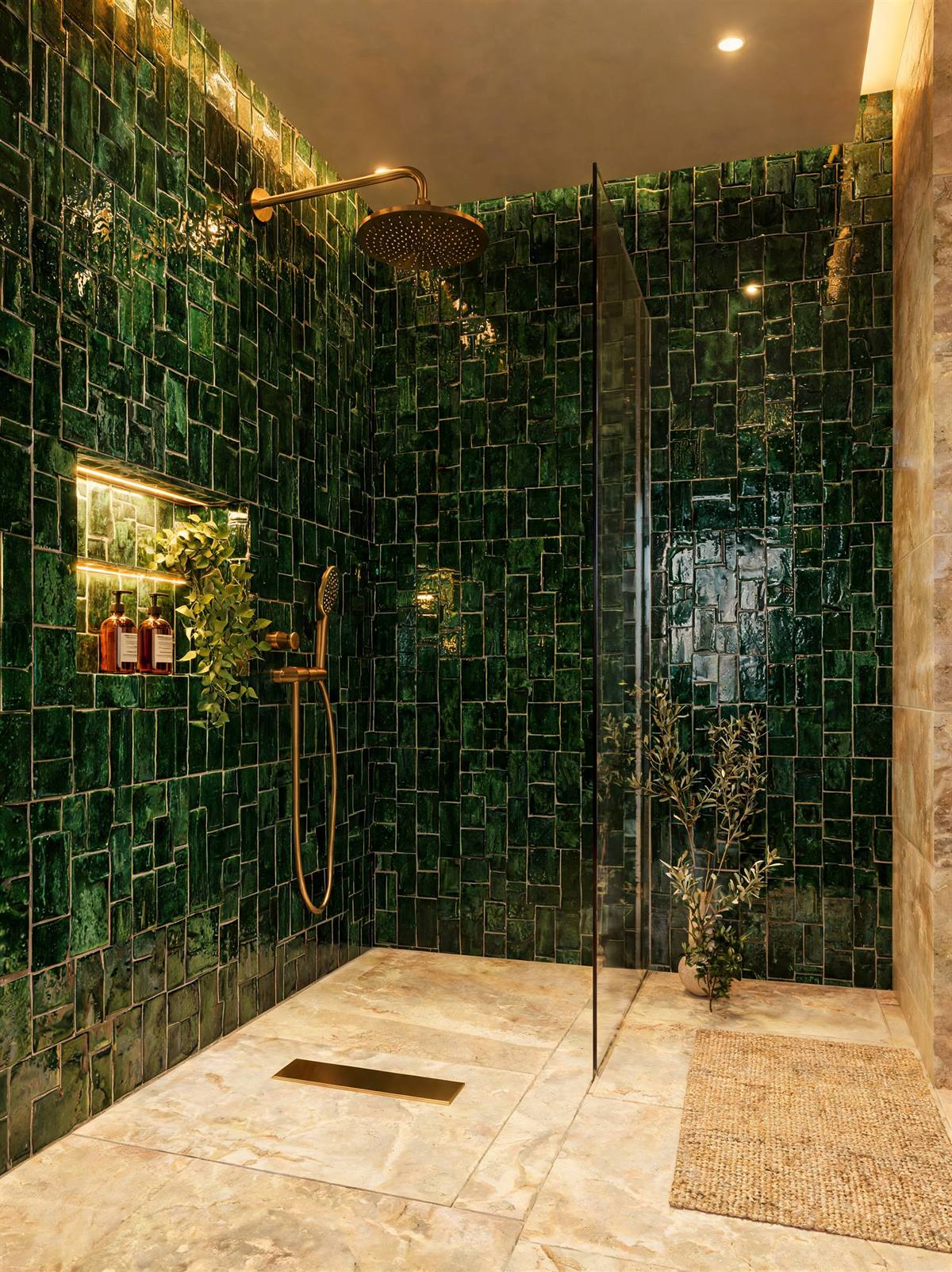 Visuel d'ambiance : grande douche en zellige vert émeraude