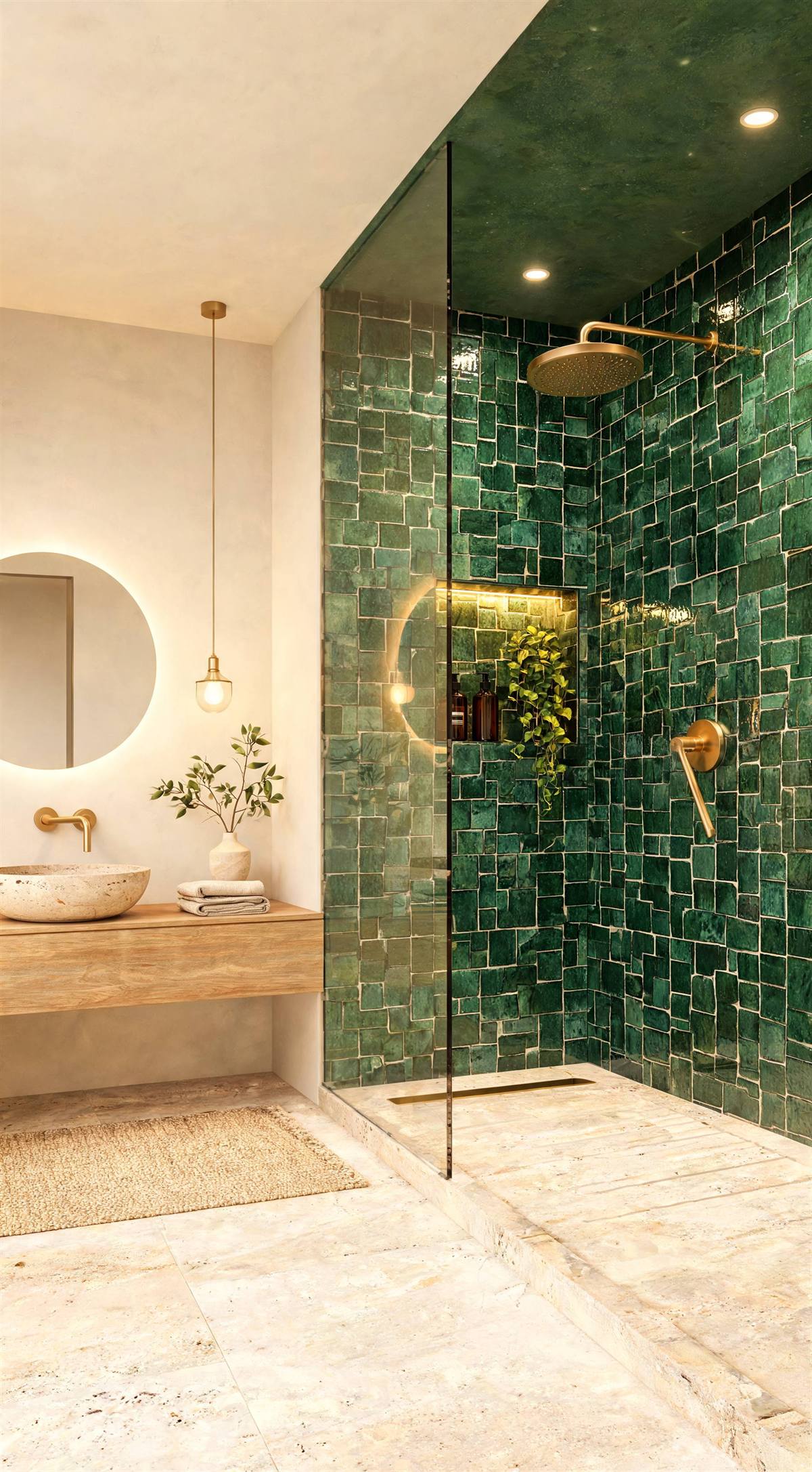 Visuel d'ambiance : douche à l'italienne en zellige vert émeraude et robinetterie laiton