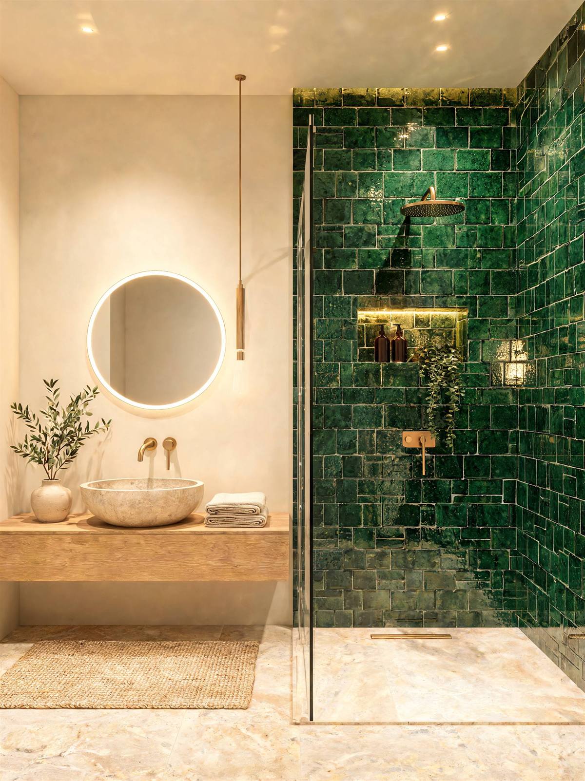 Visuel d'ambiance : douche en zellige vert et sol en pierre claire